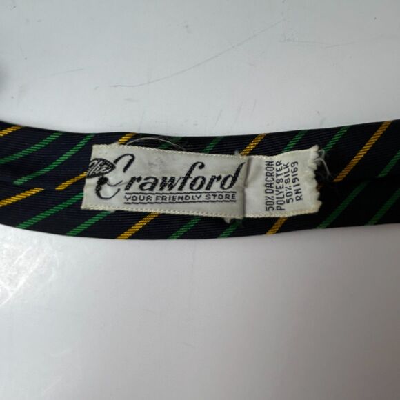 Vintage The Crawford Navy Green Gold Diagonal Striped Dakron/Silk Tie - Picture 5 of 8